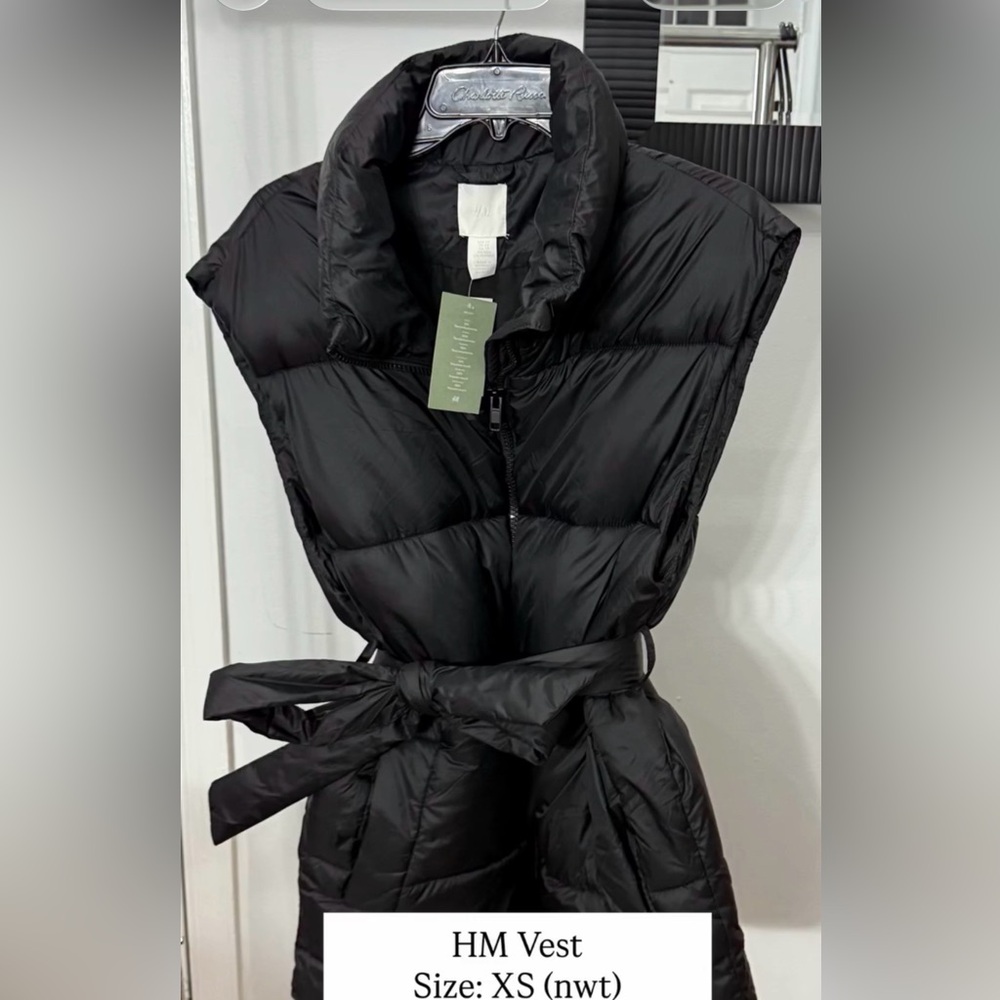 H&M Black Quilted Vest with Tie Belt